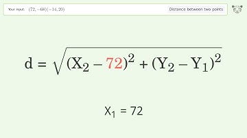 Find the distance between two points p1 (72,-68) and p2 (-14,20): Step-by-Step Video Solution