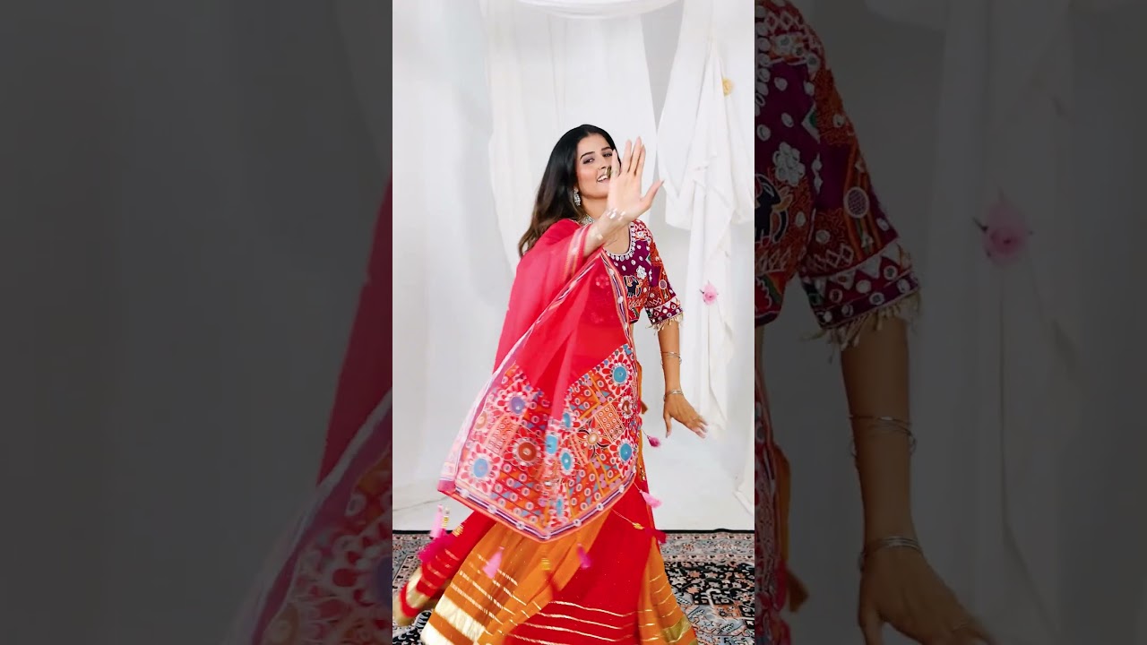 Orange and Red Embroidery With Mirror Work Lehenga – Kutchi Navratri Flare Set