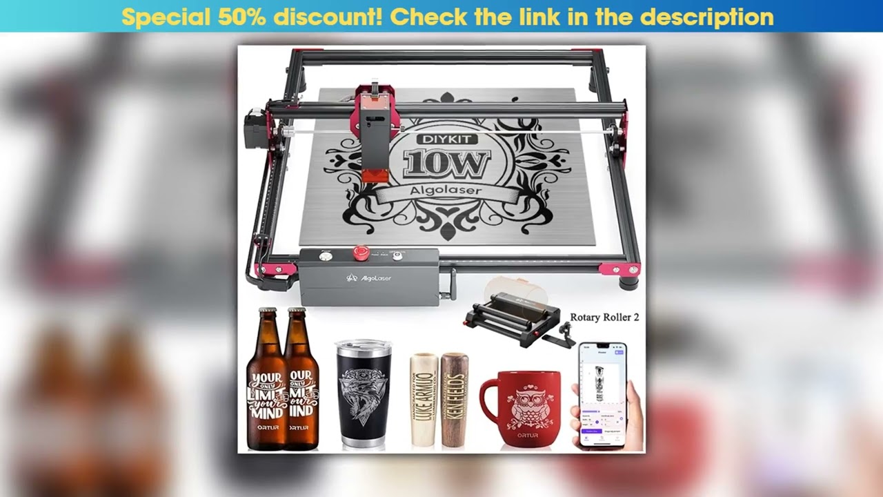 Algolaser DIY KIT 10W Woodworkers Laser Engraving Cutting Machine With Rotary Roller Air Assist