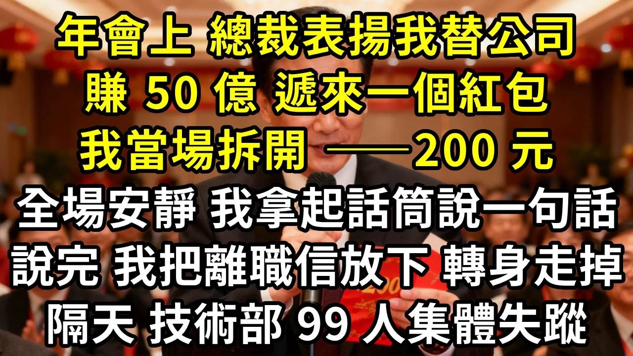 年會上，總裁表揚我替公司賺 50 億，遞來一個紅包，我當場拆開 —200 元。全場安靜，我拿起話筒說了一句話。說完，我把離職信放下，轉身走掉，隔天，技術部 99 人集體失蹤#高田小說社