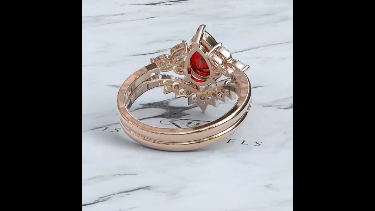 Vintage Pear Garnet Engagement Ring Set, Garnet Ring For Women, Garnet Wedding Ring Set