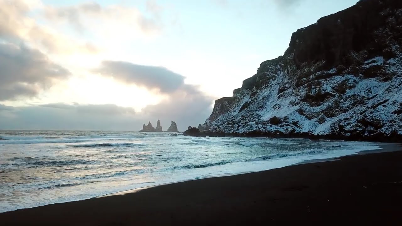 Majestic Winter at Reynisdrangar Sea Stacks | 4K Cinematic Aerial Drone Views of Iceland