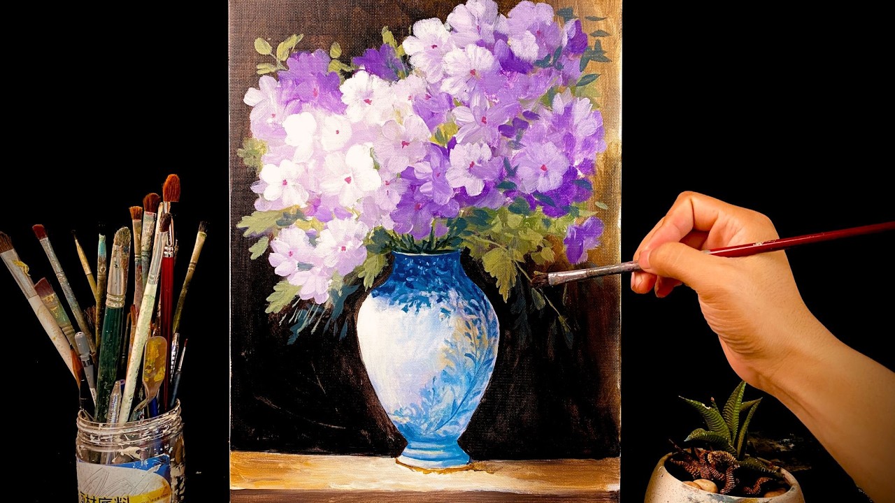 Painting a Beautiful Bouquet of Bright Flowers in a Vase  
