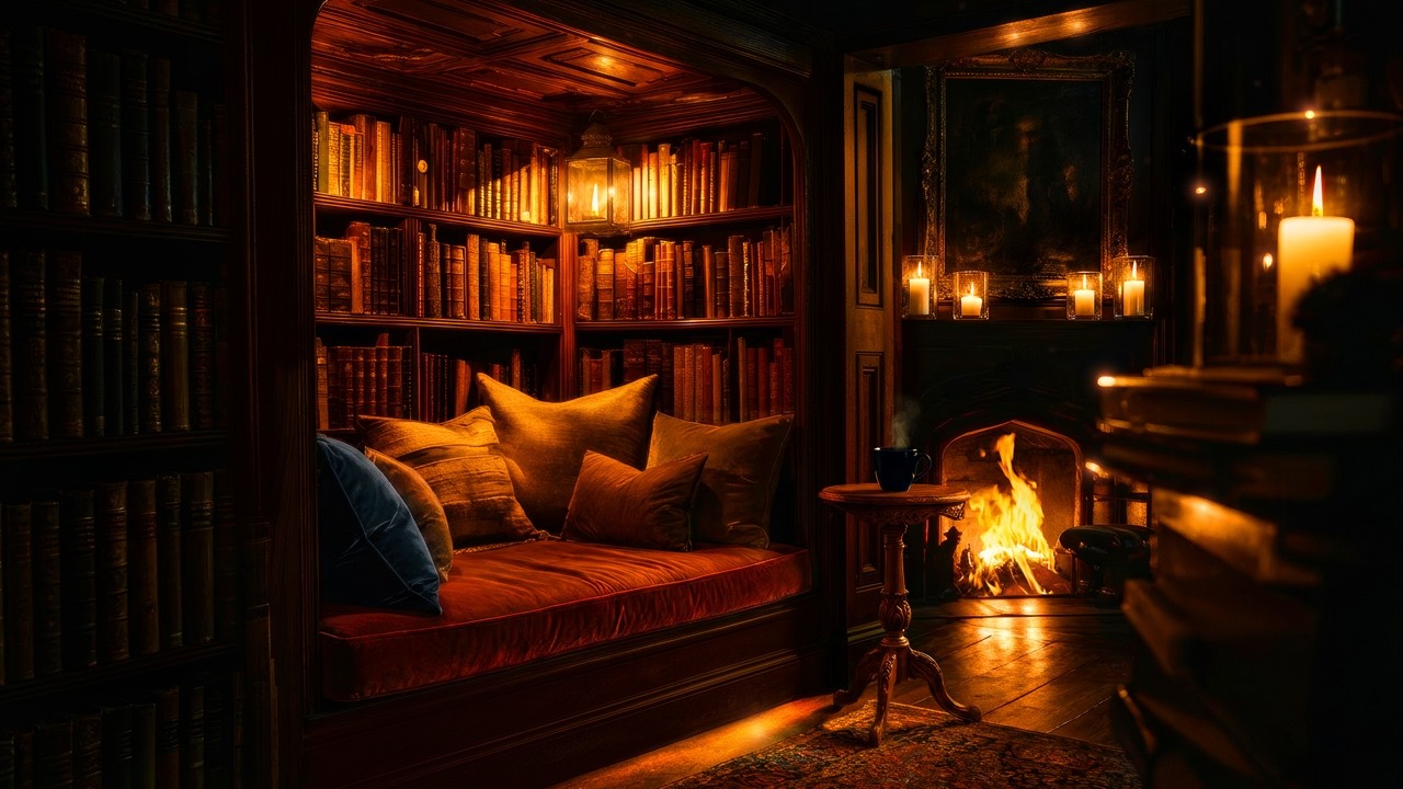 LIVE 24/7 Dark Academia Reading Nook | Cozy Fireplace Ambience for Deep Focus, Stress Relief & Sleep