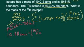 Description: an example problem demonstrating how to calculate the
mass of a specific isotope given natural abundance isotopes and one
mas...