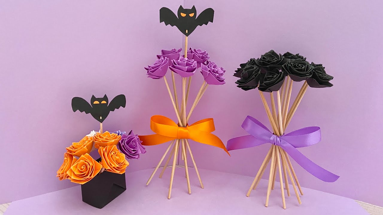 色画用紙のバラで作るハロウィンの飾り（2種類）／Halloween decorations made with paper roses (2 types)