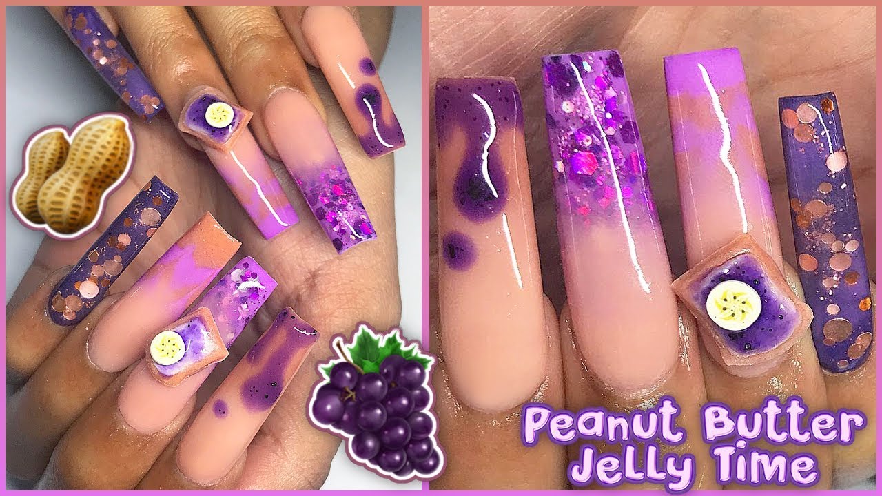 🥜Peanut Butter Jelly Time!🍇PBJ Acrylic Sculpted Nails w Miniature Bread