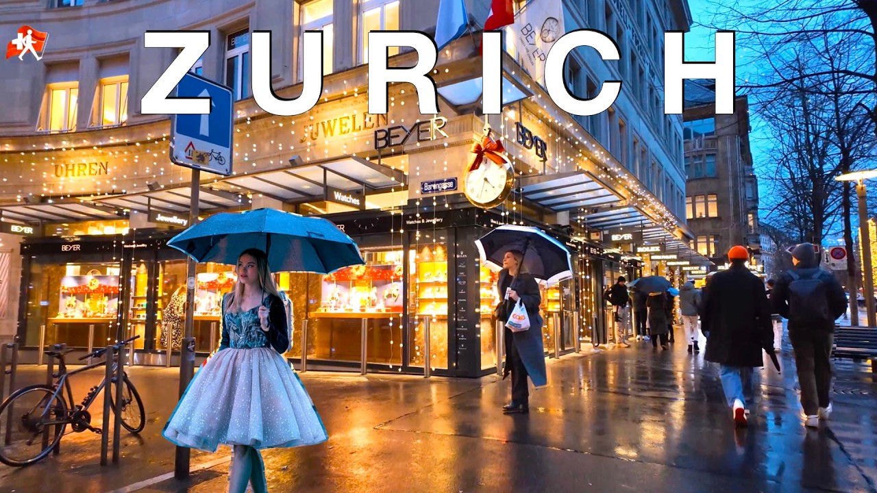 ZURICH SWITZERLAND 🇨🇭 Evening Walk along Bahnhofstrasse in the Rain