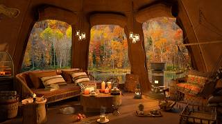 4K Peaceful Fall Jazz Retreat 🌧️ Warm Cabin, Lake Views & Soft Piano Music for Work, Study and Relax