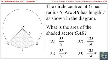 2016 Maths 2u HSC Q7 Find exact area of sector of circle given arc length & radius
