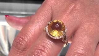 14k Yellow Gold 4 5 carat Round Checkerboard Faceted Citrine Diamond Halo Pave Set Leaf Prongs Ring