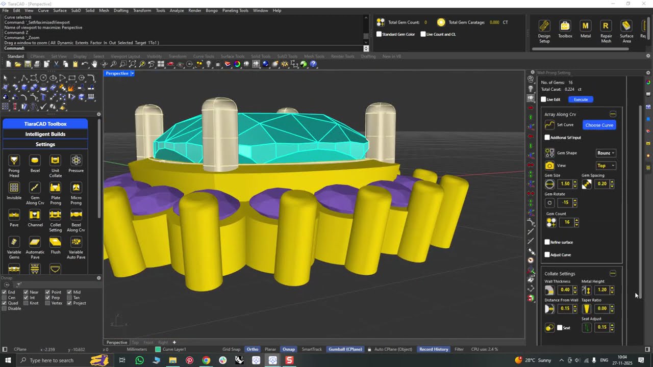Wall Prong Setting in TiaraCAD