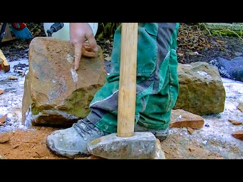 PREPARING NATURAL STONE FOR WALL BUILD | SHAPING SANDSTONE SQUARE ROCK CARVING PROCESSING BY HAND