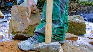 PREPARING NATURAL STONE FOR WALL BUILD | SHAPING SANDSTONE SQUARE ROCK CARVING PROCESSING BY HAND