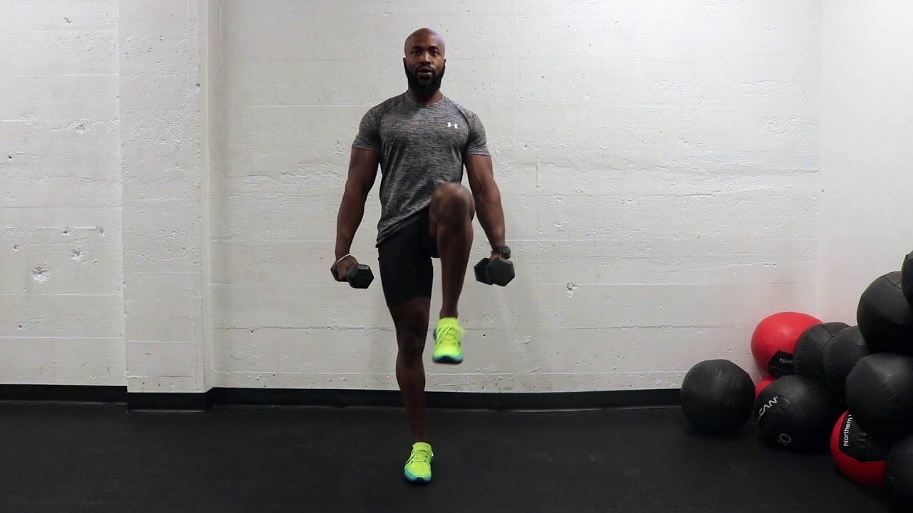 Exercise video: Dumbbell reverse lunge to high knee - YouTube