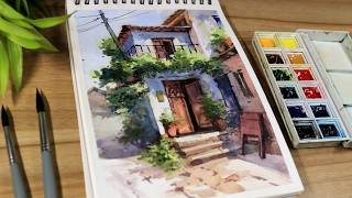 Loose Watercolor Paintng of Beautiful Tree and House Step by Step @DrawwithShiba