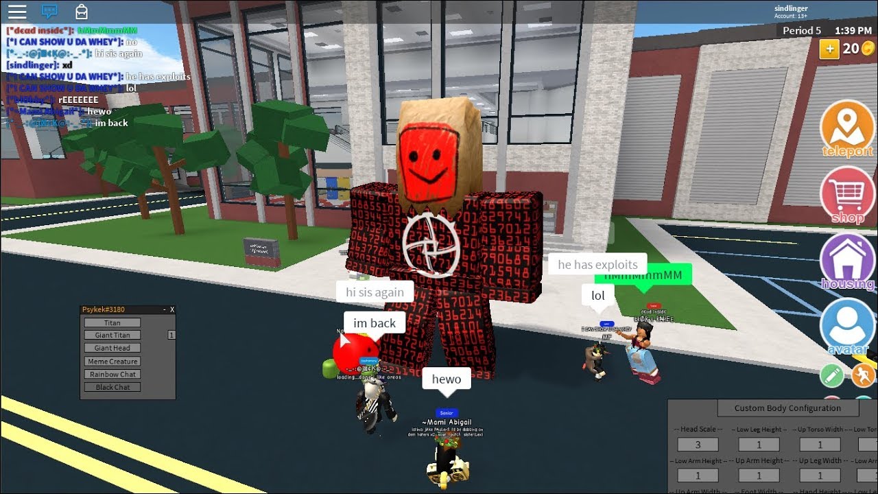 New Robloxian Highschool Hack Gui Custom Body Scale Fe Titan Fe Creature And More دیدئو Dideo - free exploits for roblox high school