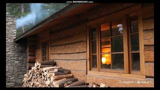 Prompt 2: Closer view: the cabin walls made of rough pine planks,