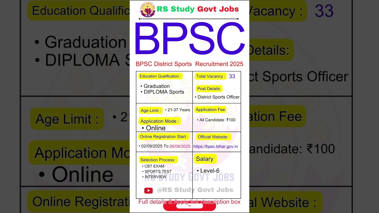 BPSC District Sports Officer Recruitment 2025 | BPSC Sports Quota vacancy 2025 | 