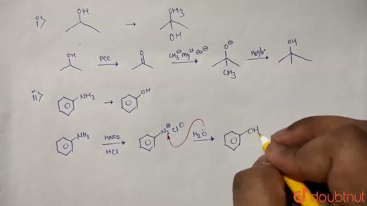 How will you convert. (i) Propan-2-ol to 2-methylpropan-2-ol (ii) Aniline  to phenol (iii) Ethano..., image size:1280x720