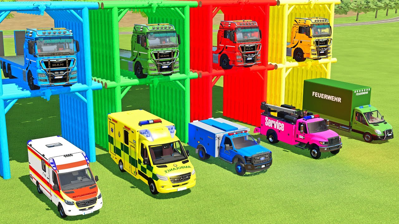 FORD RESCUE, MERCEDES AMBULANCE, AMBULANCE, POLICE CARS TRANSPORTING TO ...
