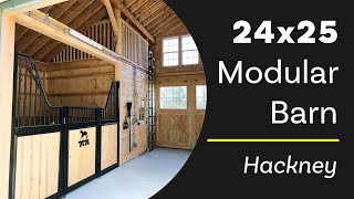 24x25 2-stall modular horse barn with gambrel roof, dormers and full loft.