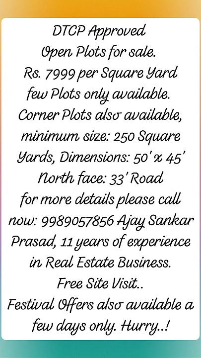 DTCP Plots for sale. 9989057856Rs. 7999 per Square Yard