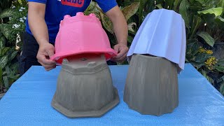 Ideas Of Two Beautiful Flower Cement Pots Made Of Plastic Molds | Excellent Creation For Everyone