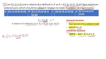 Let 𝑋=1,2,3 and relation R is defined in 𝑋 as R =(1,3)(3,2)then added in to reflexive and symmetric