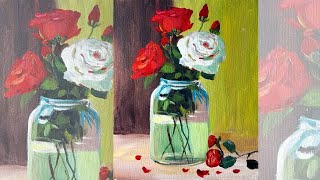 Acrylic Painting Roses on Vase | how to paint a vase of flowers in acrylic for beginners