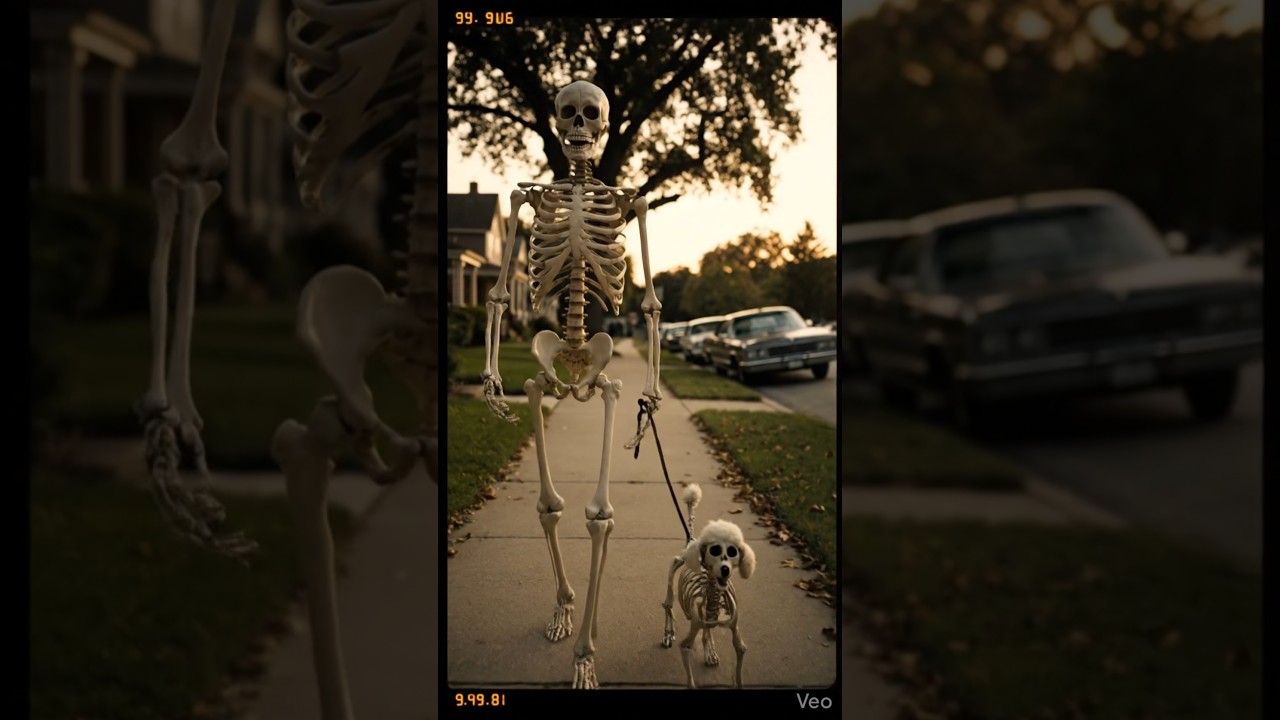 “Skeleton Walking a Puppy in SKELETOWN”