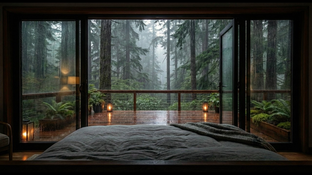 Heavy Rain in Luxury Forest Cabin 🌧️ Cozy Bed View, PNW Rain Sounds for Sleep, Study & Relaxation