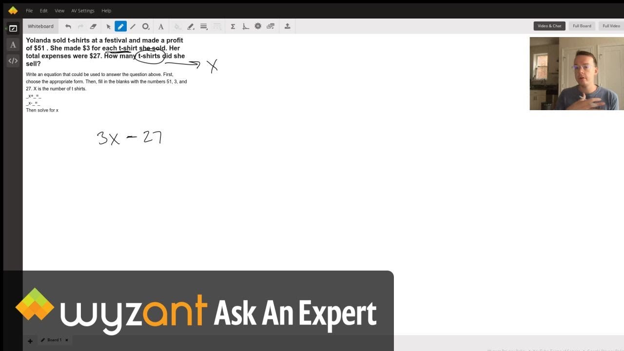 Yolanda Sold T Shirts At A Festival And Made A Profit Of 51 She Made 3 For Each T Shirt She Sold Her Total Expenses Were 27 How Many T Shirts Did She Sell Wyzant Ask An Expert