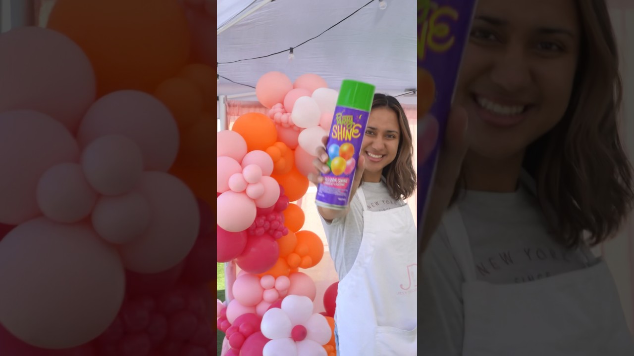 Spraying balloon shine 💜💖 #partyshine #balloongarland @racafetti
