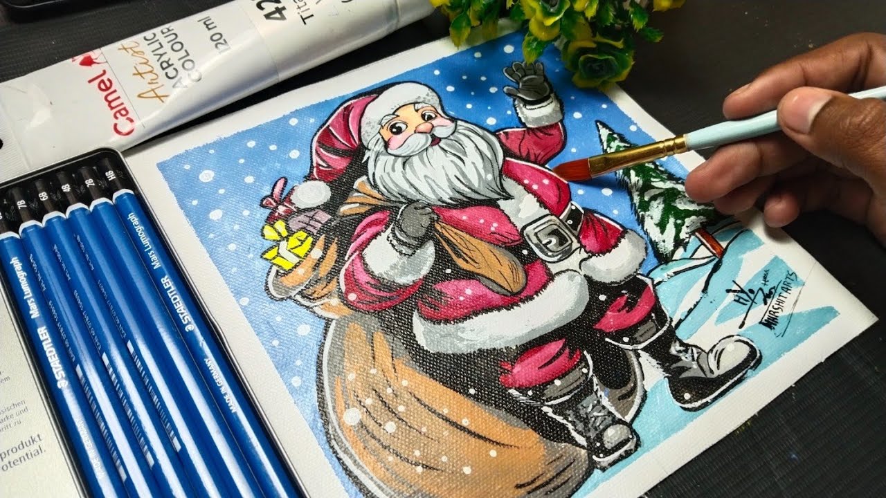 Рисуем вместе - Рисунок Санта-Клауса, рождественский выпуск 🤩, акриловая живопись