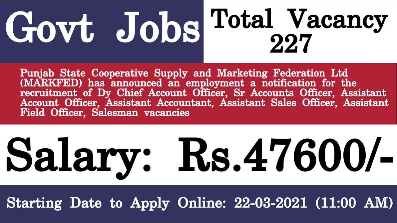 MARKFED Punjab Various Vacancy Recruitment 2021 – Apply Online for 227 Vacancy