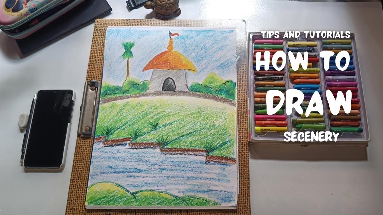 How to draw a scenery with village temple | Temple scenery drawing with oil pastel for kids