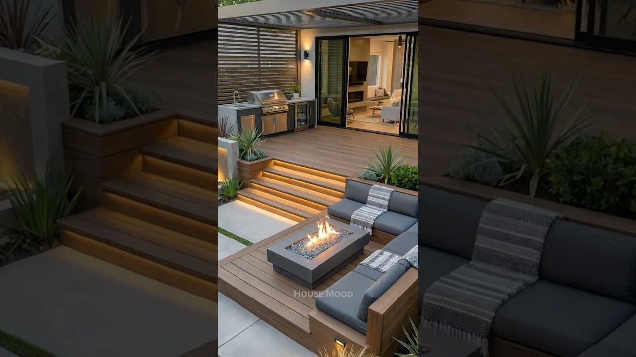 Wow! This modern backyard deck with a built-in fire pit is absolutely ...