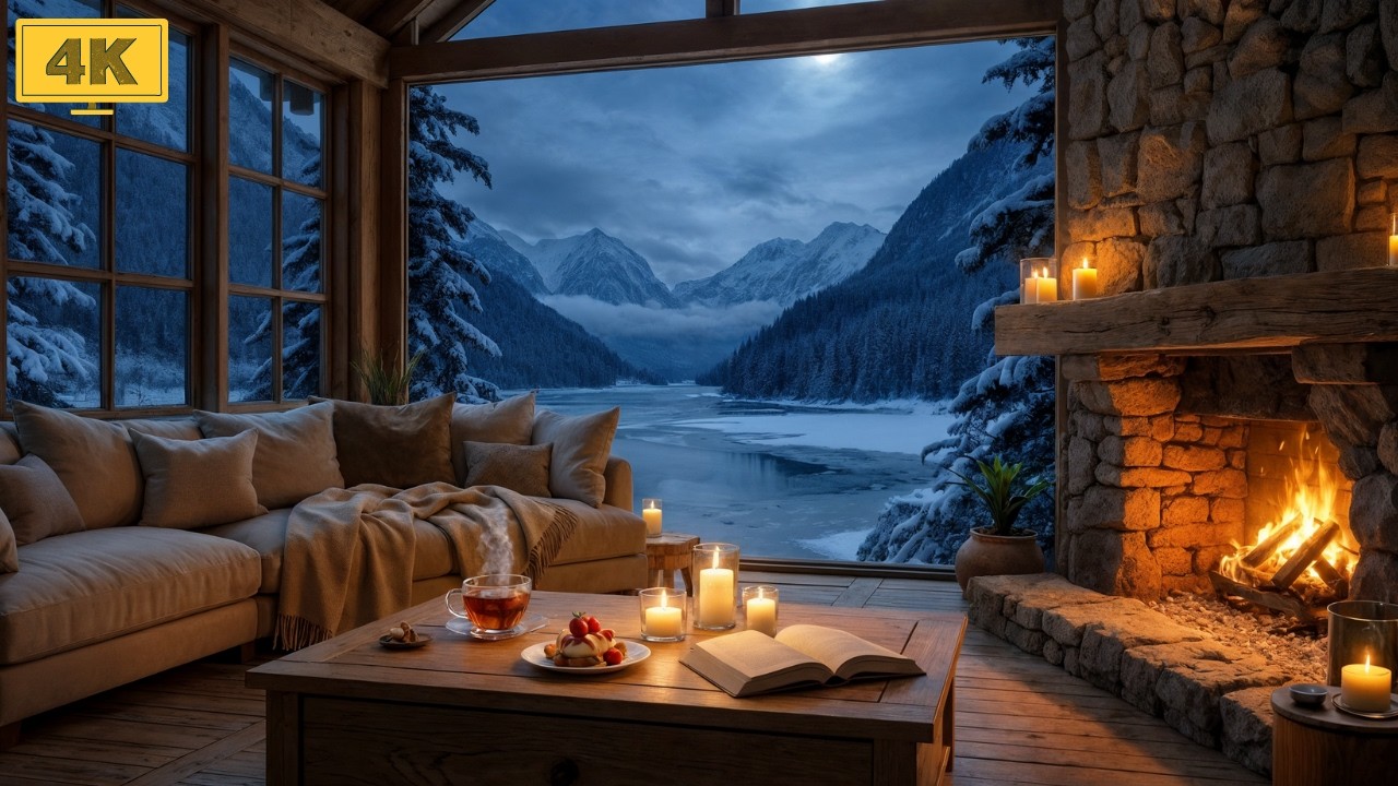 Snowy Forest Cabin Night ❄️ Gentle Violin Music & Crackling Fire for Study