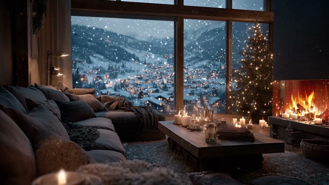 Peaceful Cabin Night Piano Music | Snow Storm Outside, Fire Inside