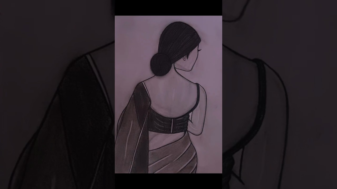 Back View Elegance ✨ Saree Girl Drawing #shorts #sareeart #aestheticdrawing