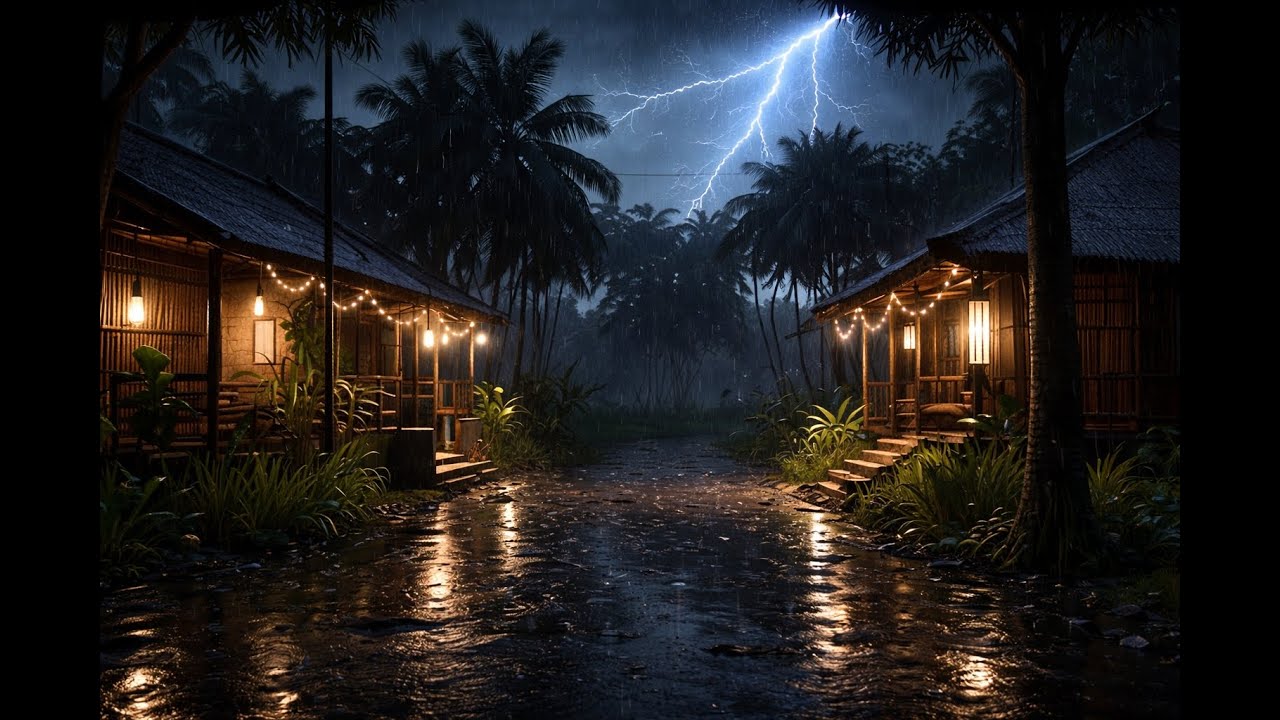 🌧️ Rainy Night Street Rain Ambience with Thunder and Warm Lights USA | Rain Ambience