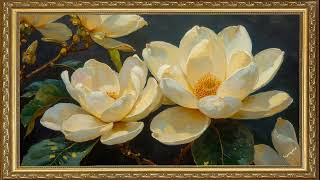 White Magnolia with Soft Piano Music | Elegant Minimal Floral Oil Painting screenshot 3