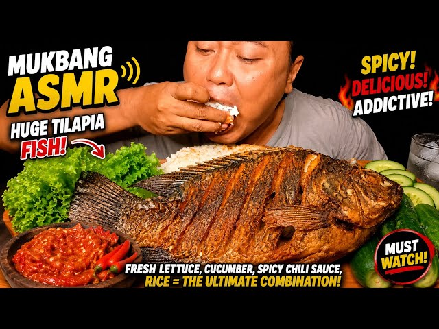 ASMR Giant Fried Tilapia Mukbang | Spicy Sambal, Rice & Fresh Vegetables 