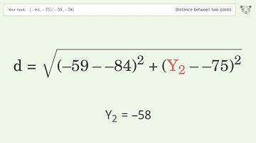 Find the distance between two points p1 (-84,-75) and p2 (-59,-58): Step-by-Step Video Solution
