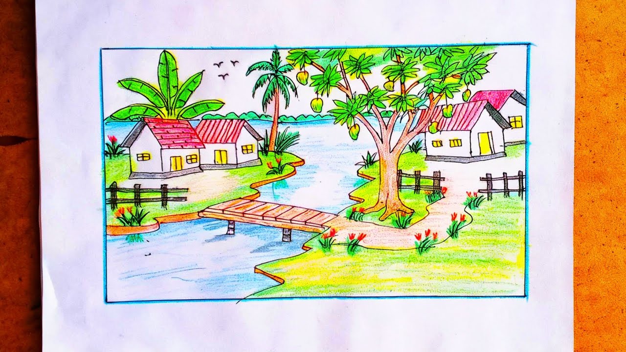 beautiful village scenery drawing  of an Bangladesh village , drawing  52
