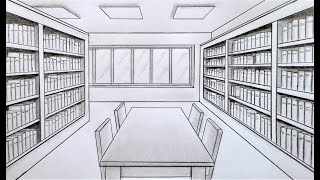 How to draw a room in one point perspective, a library