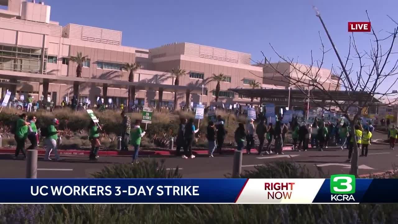 Thousands of UC Davis health workers picket at medical center - YouTube