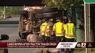2 tractor-trailers catch fire after crash on I-85, 1 overturns in Winston-Salem