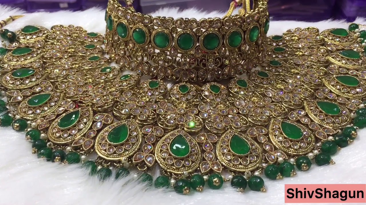 Green Color Choker Bridal Jewellery Set In Reverse AD At Wholesale Rates